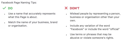 Facebook 비즈니스 페이지 이름 가이드라인