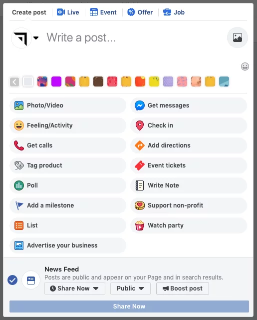 Facebook 비즈니스 페이지 게시물 옵션