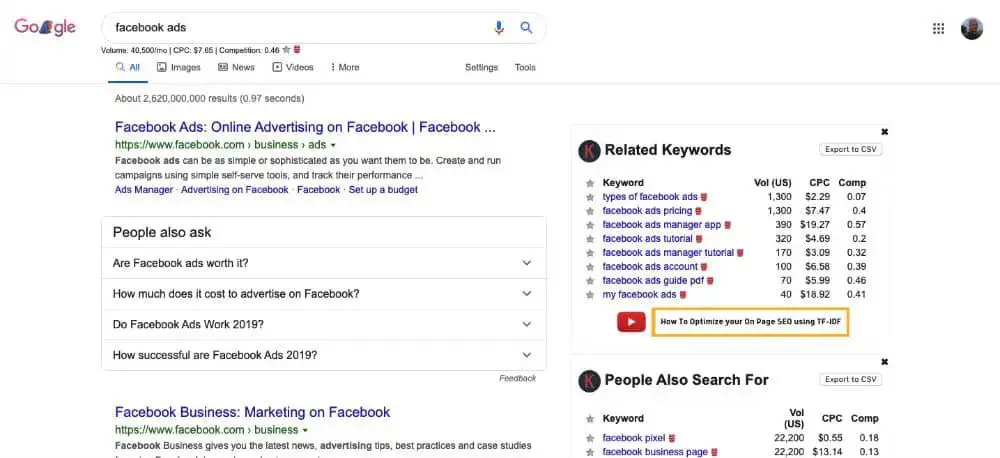 saas marketing - Rezultate SERP pentru reclamele Facebook