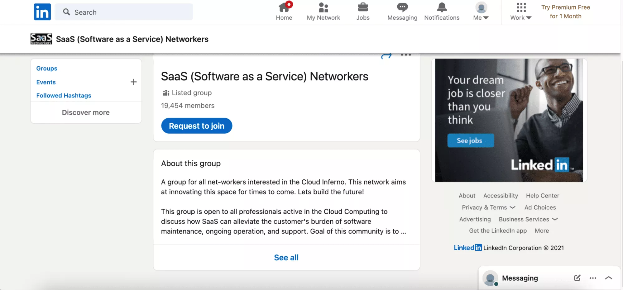 LinkedIn'in SaaS Networkers sayfasının ekran görüntüsü