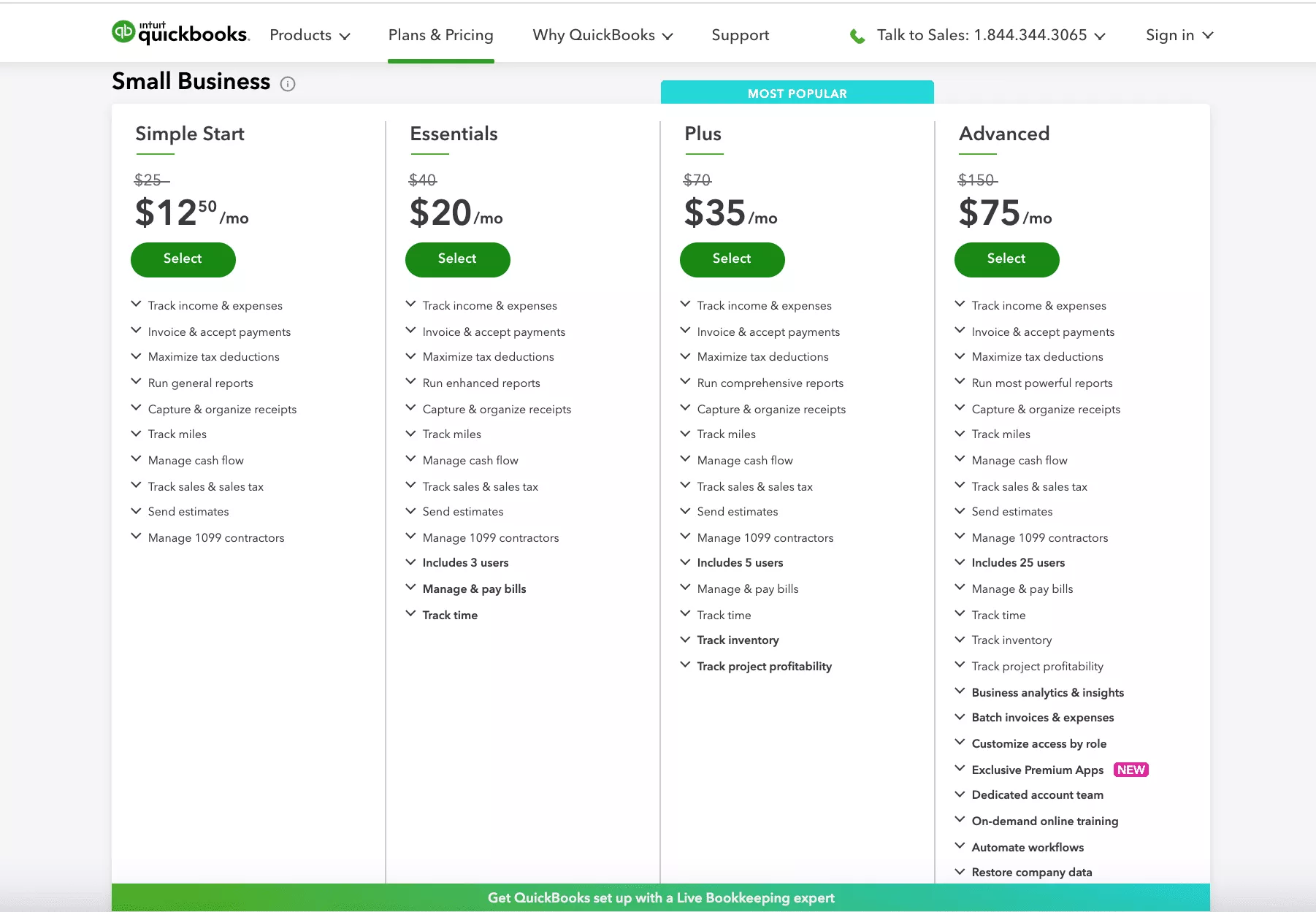 Livelli tariffari di Quickbooks