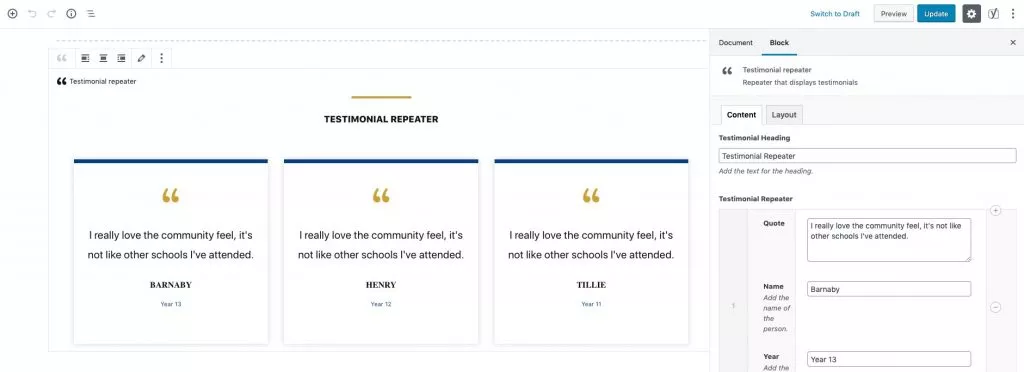 Blocco ripetitore di testimonianze personalizzato
