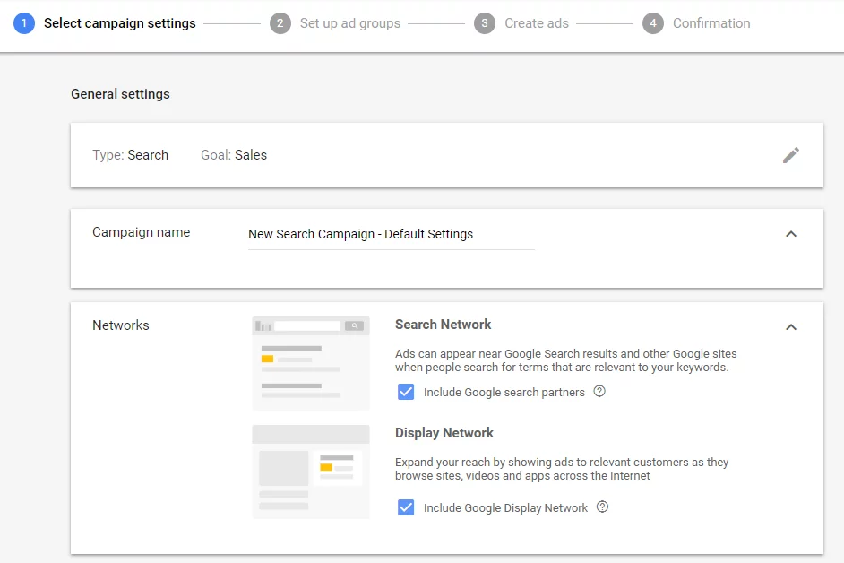 Impostazioni predefinite durante la creazione di una nuova campagna nella rete di ricerca di Google Ads