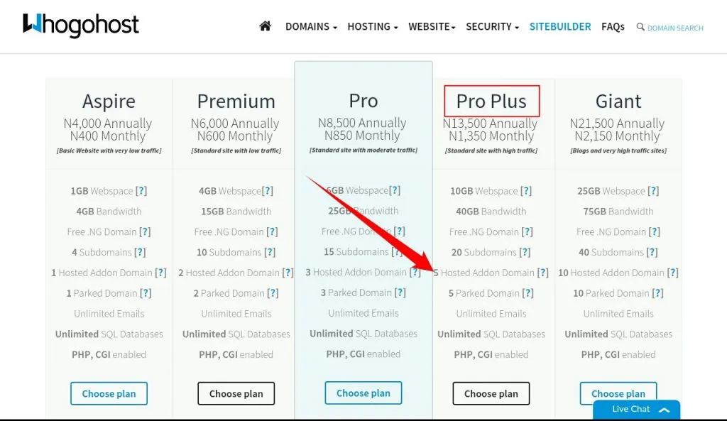 whogohost 호스팅 계획 패키지