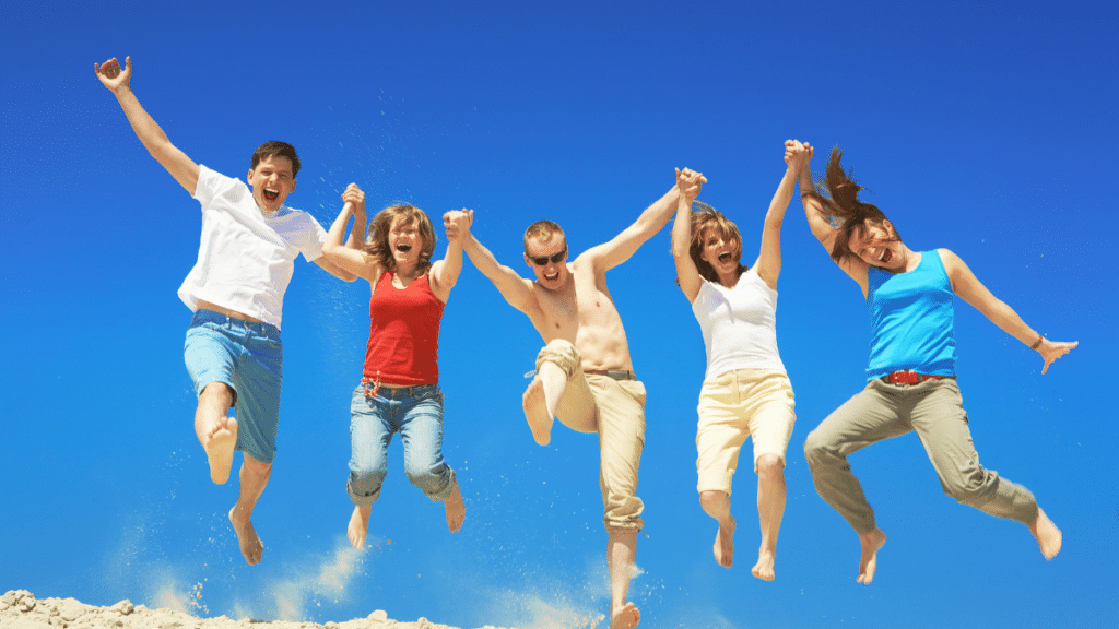 teman melompat ke langit bersama