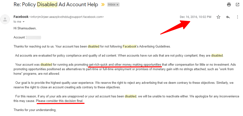 Facebook email message - account disabled