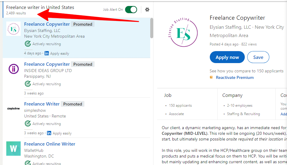 Hasil pencarian posting pekerjaan penulis lepas di LinkedIn