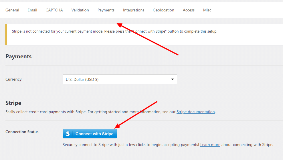 WPForms Stripe 设置页面