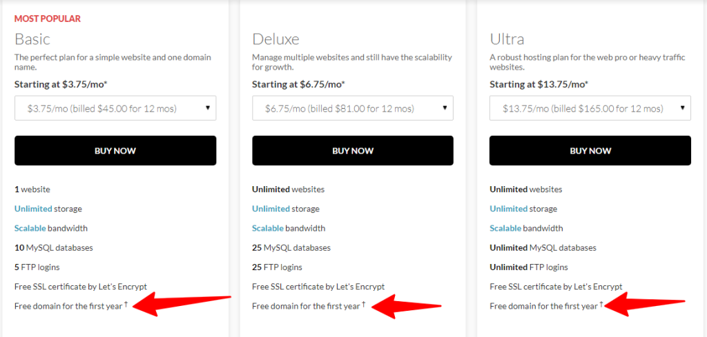 가격이 포함된 Domain.com 호스팅 계획
