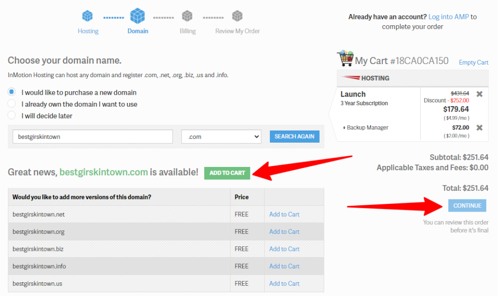 Inmotion 호스팅 체크아웃 카트