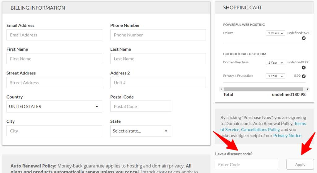 쿠폰 코드 상자가 있는 장바구니 확인