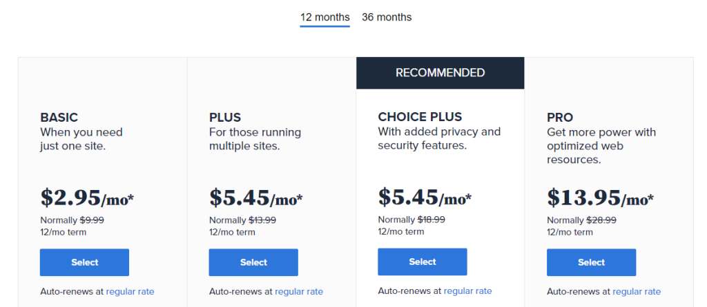 가격이 포함된 Bluehost 공유 호스팅 계획