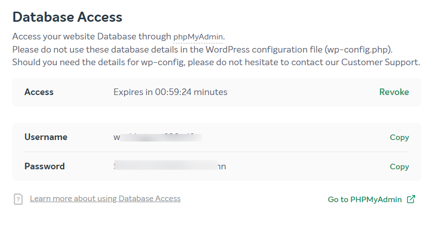 EasyWP veritabanı Erişim oturum açma ayrıntıları
