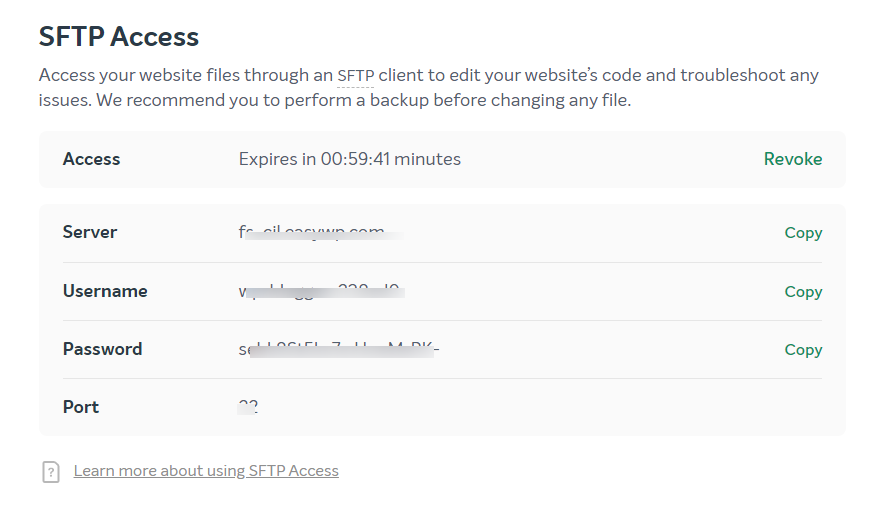 SFTP Erişim ve oturum açma ayrıntıları