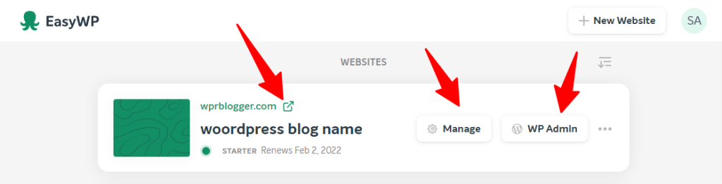 EasyWP kullanıcı panosundaki WordPress blogları
