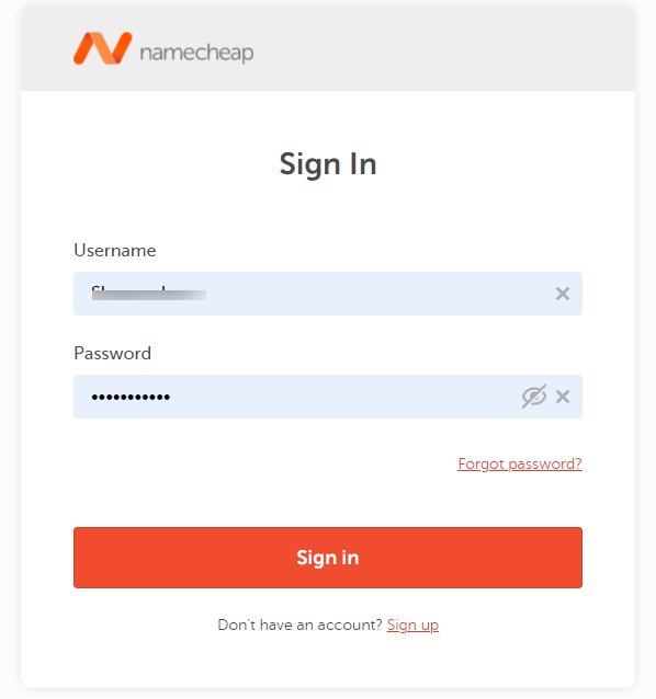 Ayrıntıları içeren NameCheap oturum açma sayfası