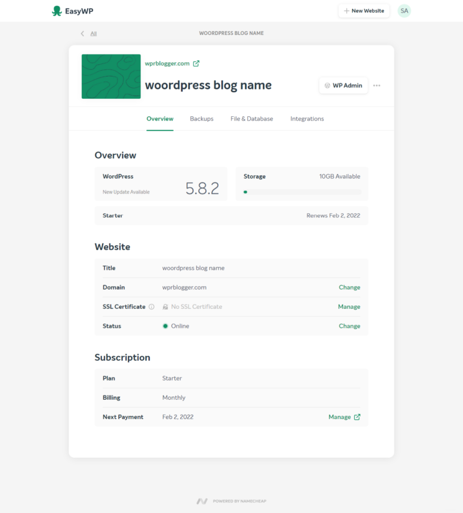 EasyWP kullanıcı kontrol paneli arayüzü