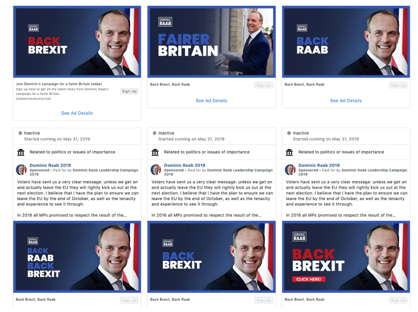 Publicités de Dominic Raab sur les réseaux sociaux