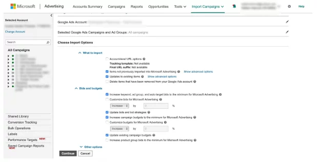 Microsoft Advertising اختر خيارات الاستيراد