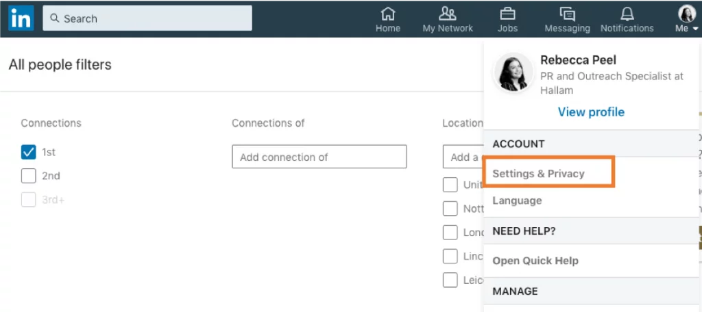 Linkedin Impostazioni e privacy