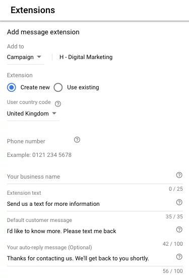 mesaj uzantısı yapılandırması