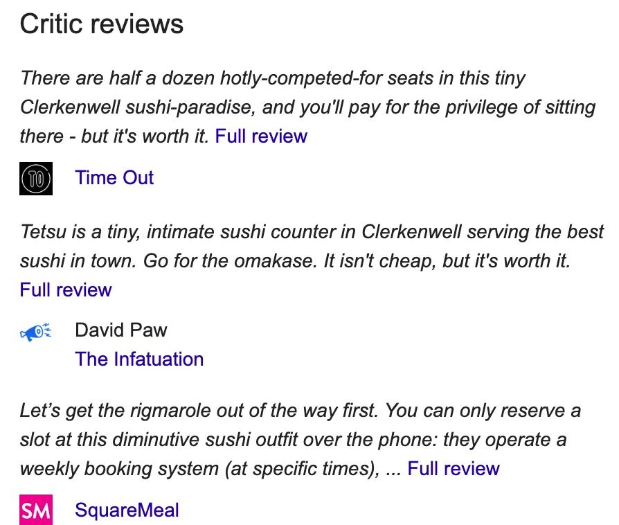 餐厅的评论家评论示例（本地搜索引擎优化）