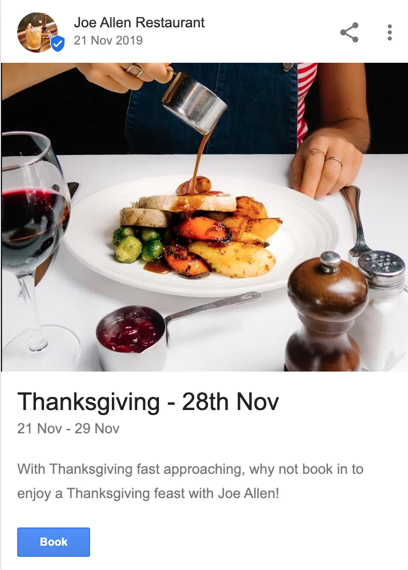 餐厅的 Google 帖子示例