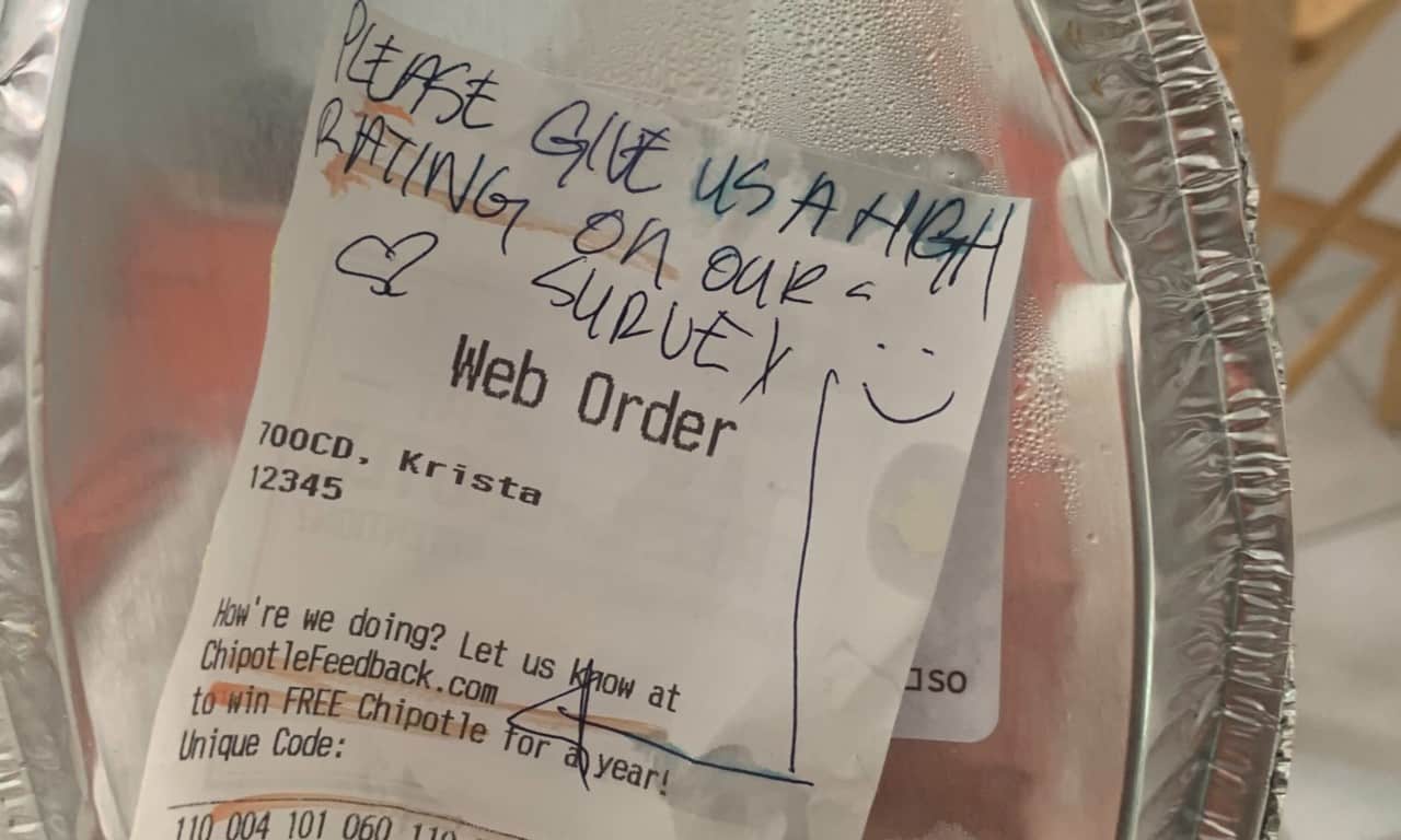 permintaan dari chipotle meminta umpan balik setelah pesanan layanan pengiriman