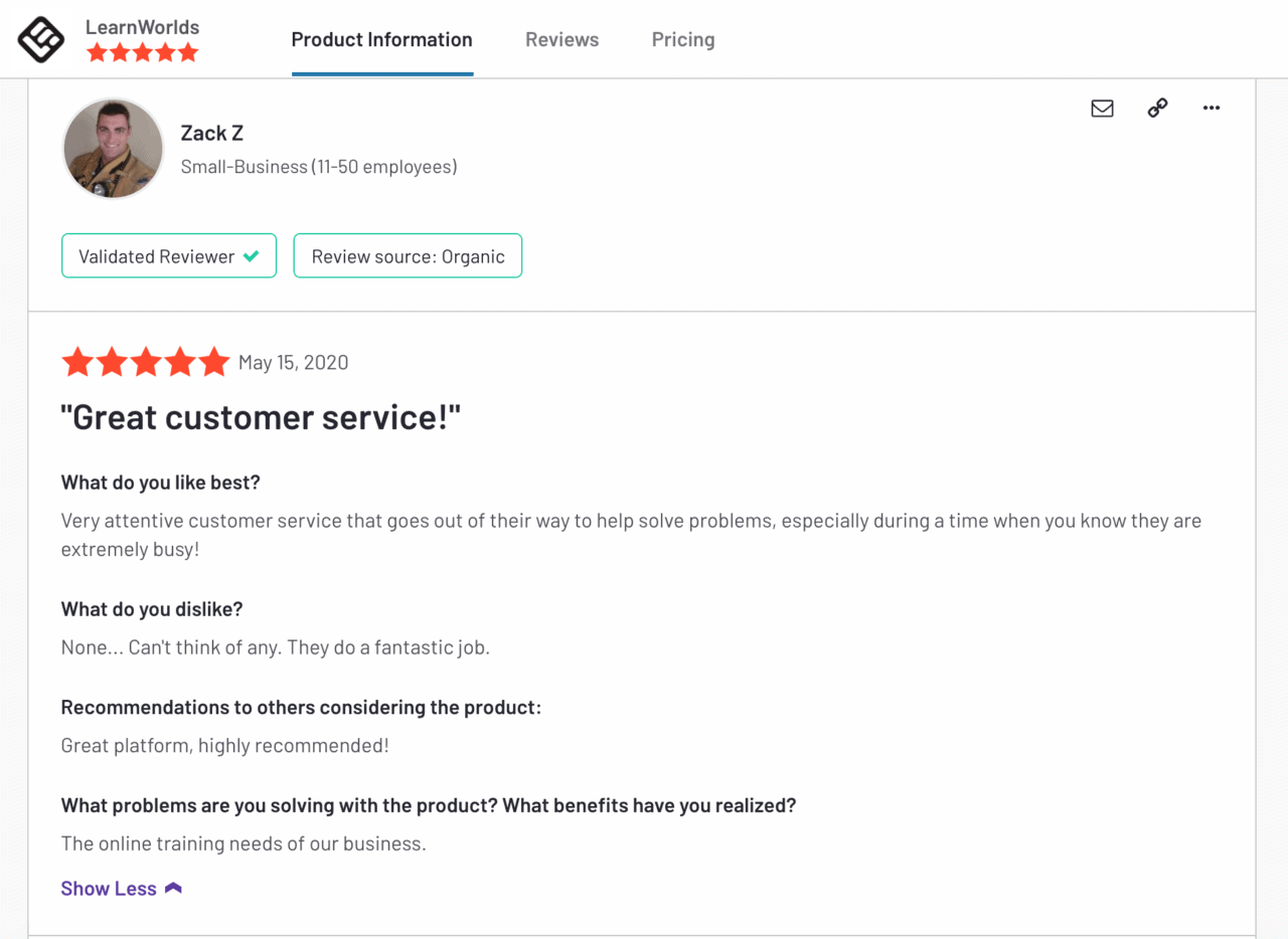 learnworlds 上的客戶評論截圖