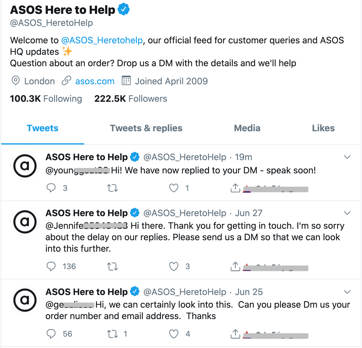 asos 幫助 Twitter 帳戶的屏幕截圖