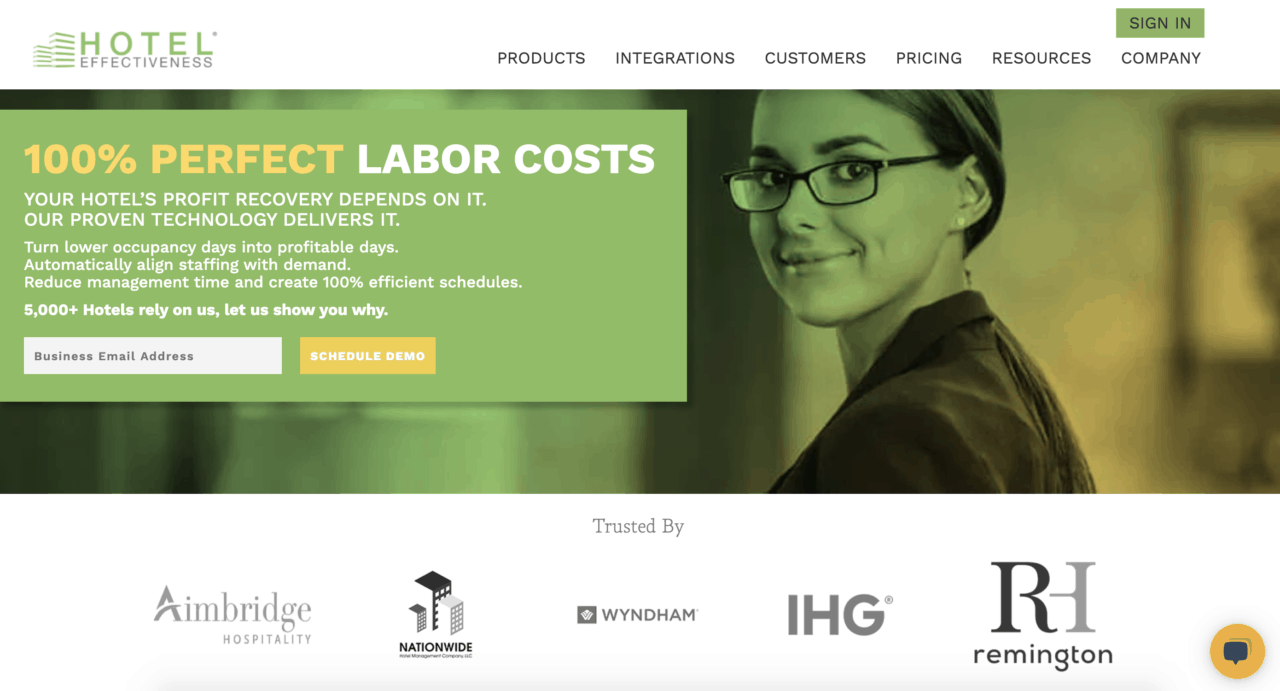 Captura de pantalla de la página de inicio de Eficacia del hotel