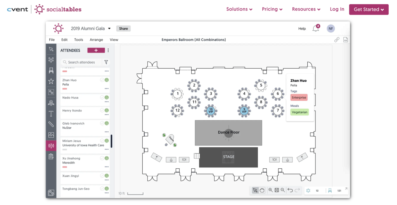 Captura de pantalla del sitio web de Social Tables