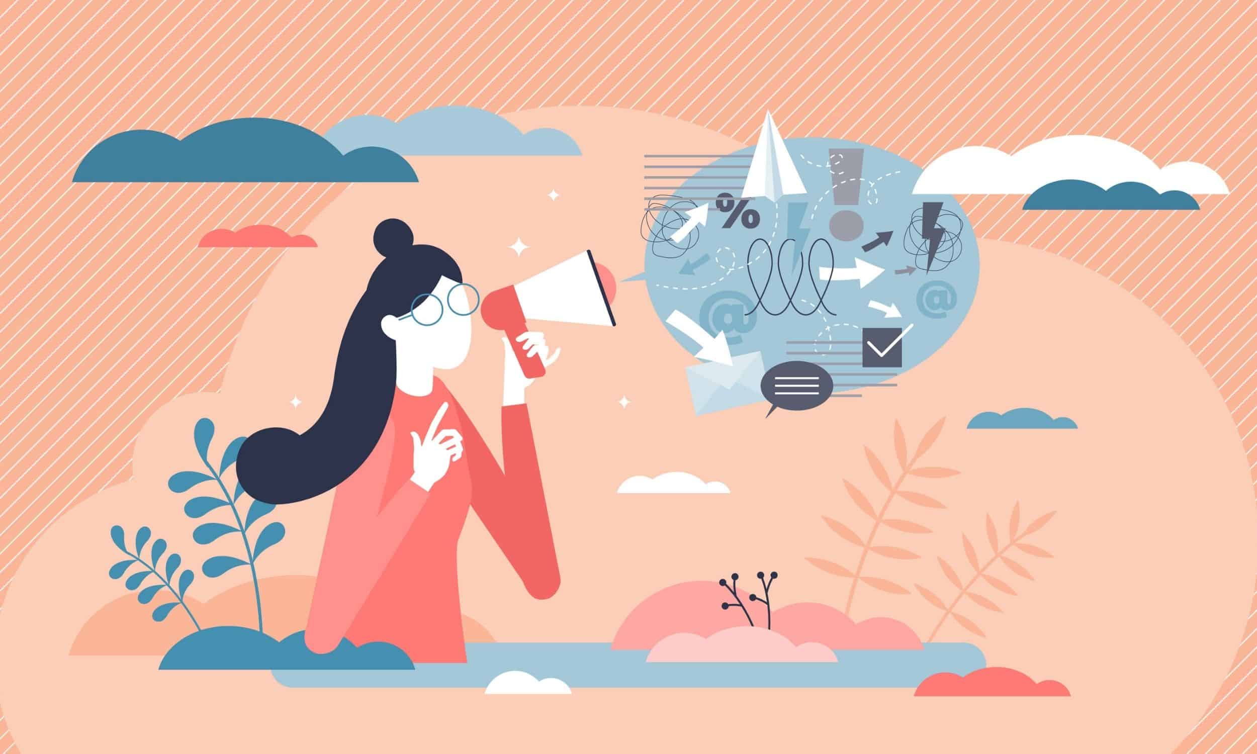 kurumsal itibar yönetiminin bir parçası olarak krizleri ele almanın bir yolu olarak bir megafon aracılığıyla konuşan bir kadın