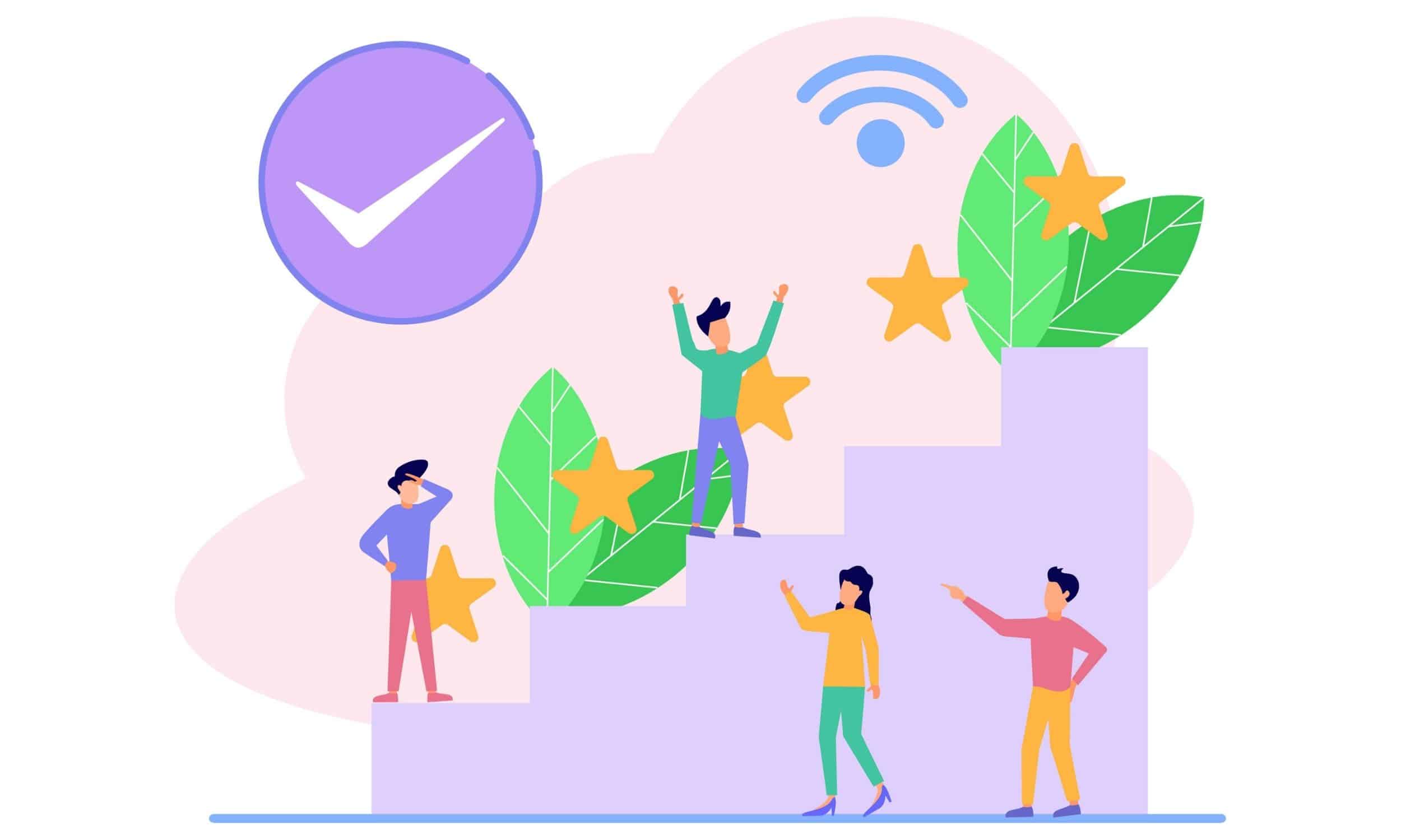 pessoas nas escadas com avaliações por estrelas e folhas para simbolizar o crescimento