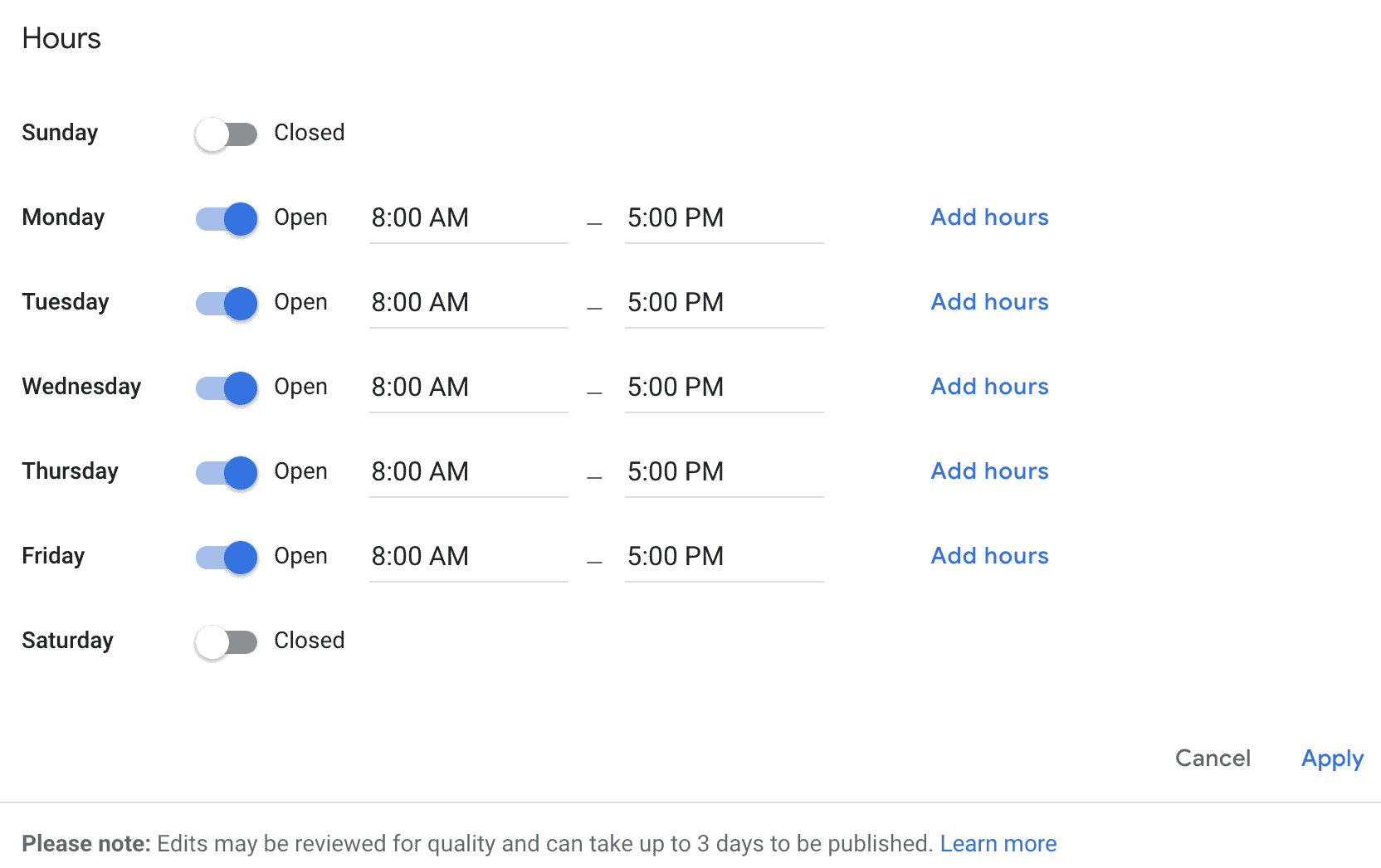 google my business 上營業時間選項的屏幕截圖
