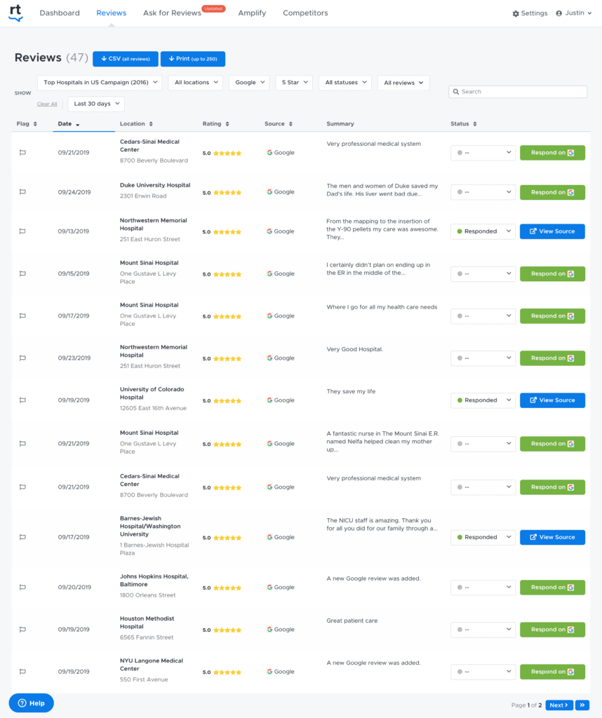 отслеживание отзывов в социальных сетях с помощью панели управления ReviewTrackers