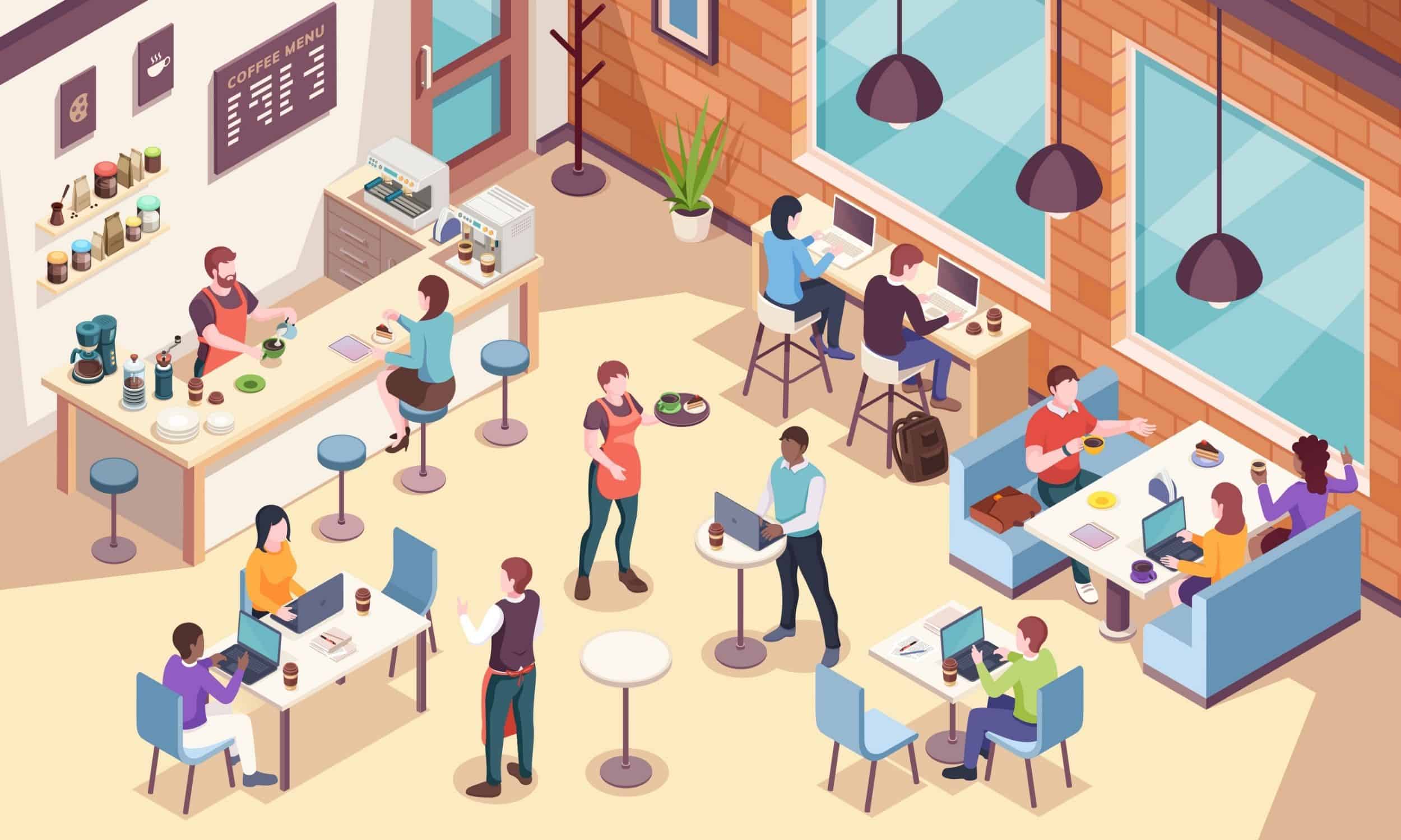 uma imagem de um café lotado