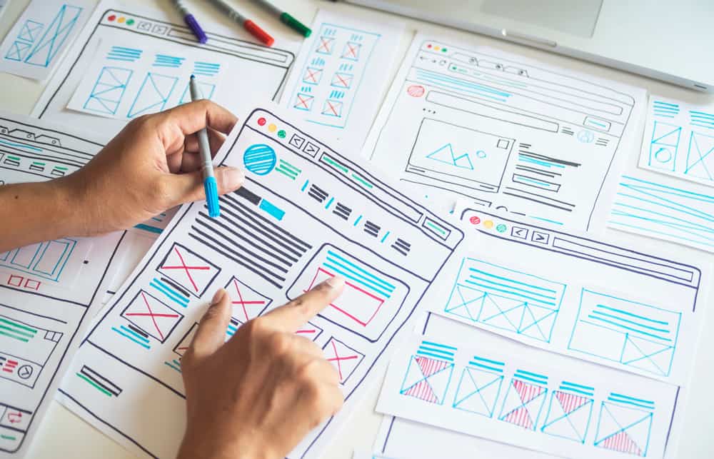 Imagem representando planejamento criativo e desenho de esboço de desenvolvimento de site