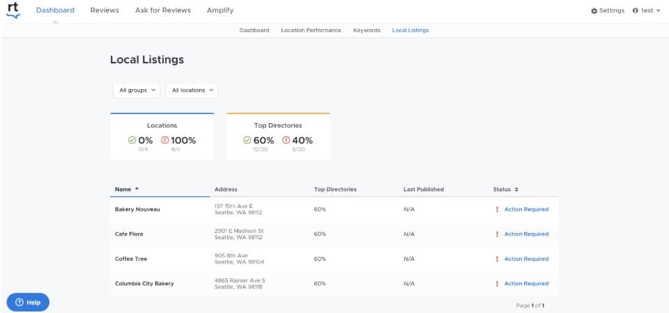 uma captura de tela da página de listagens locais do reviewtrackers