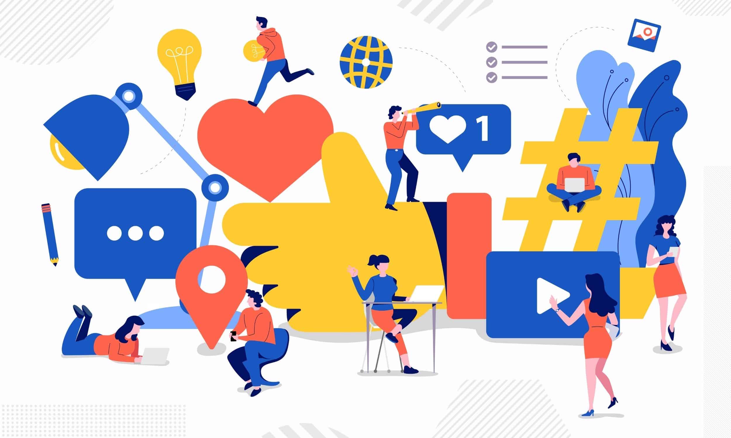 verschiedene menschen um große symbole von social media