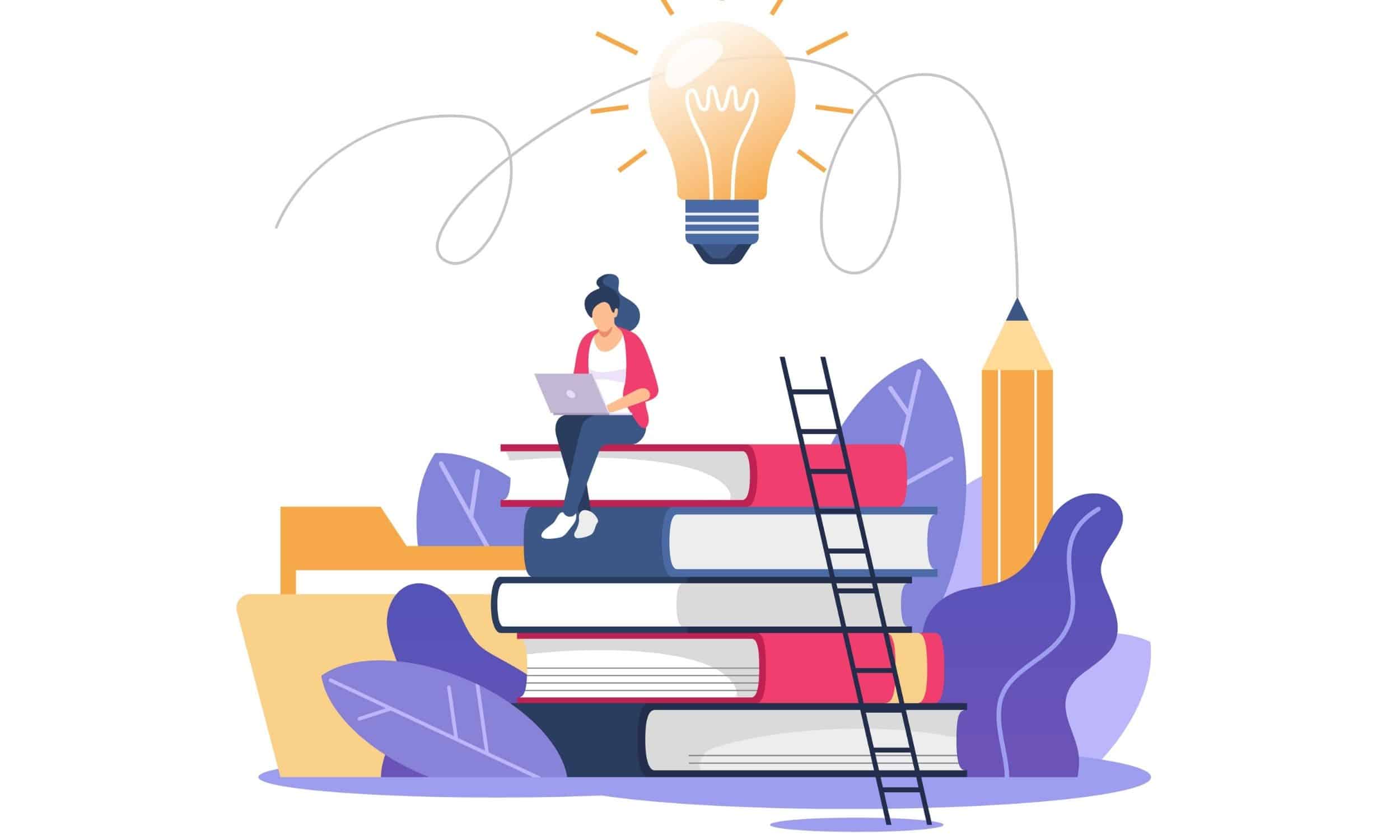 uma mulher sentada em uma pilha de livros editando o painel de conhecimento do google de sua marca em seu computador