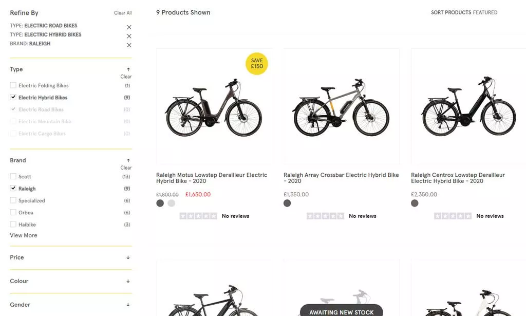 Exemple d'options de navigation à facettes ou de filtrage de produits d'un site Web de vélo. Chaque option de filtre ajoute un paramètre à la chaîne URL.