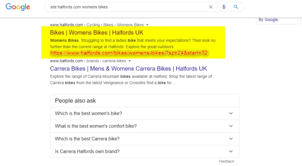 La page de paramètres de taille Halfords que nous avons repérée la dernière fois est toujours indexée par Google