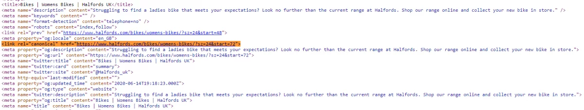 La balise canonique sur la page des vélos pour femmes doit pointer vers la page principale des vélos pour femmes, mais ce n'est pas le cas.