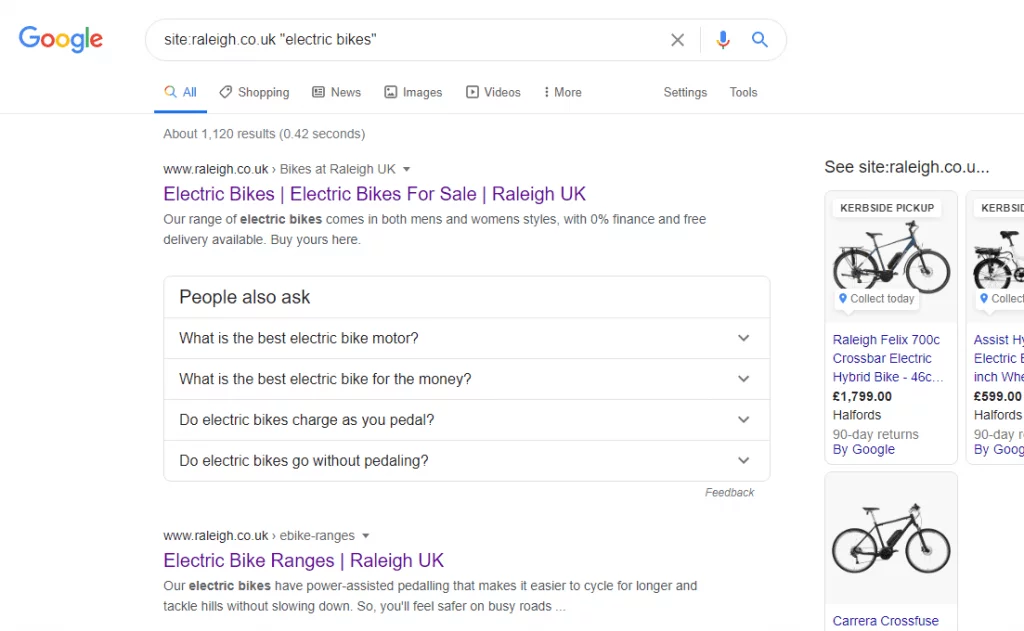 Exemple de contenu en double sur le site Web de Raleigh bikes. Deux pages en compétition pour les vélos électriques