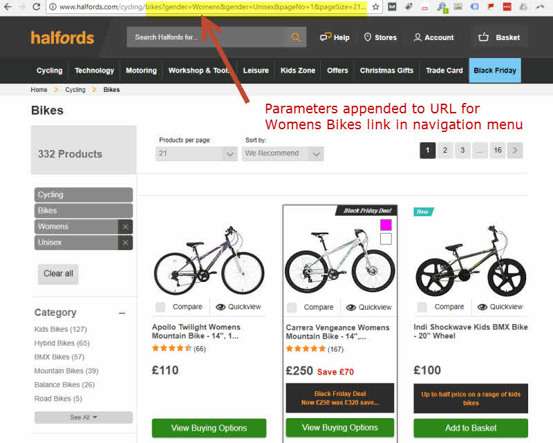 Le menu de navigation sur le site Halfords amène les utilisateurs à une page de filtre de paramètres