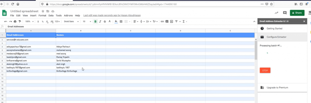 Extrator de e-mail planilhas do google
