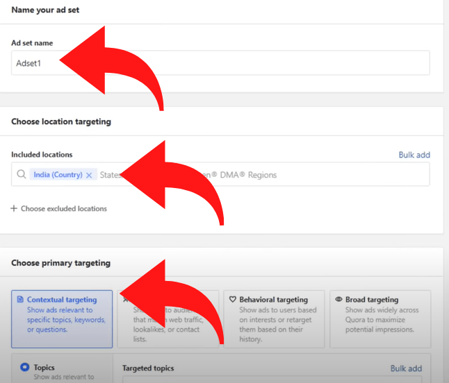 Screenshot über den Anzeigengruppennamen, Standort-Targeting und primäres Targeting