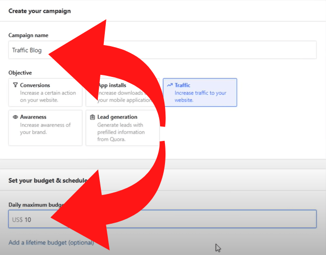 Screenshot mit Kampagnenname und Budget