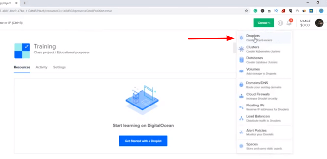 creare goccioline in digitalocean